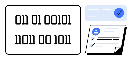Fototapeta premium Binary code inside a frame, profile form with checkmarks, and a verification checkmark. Ideal for identity verification, data processing, technology, security, coding, information systems simple