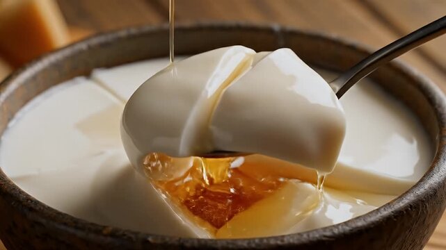 Creamy Tofu Dessert With Sweet Honey Syrup Drizzled Over White Silken Tofu Cubes in Rustic Bowl with Spoon for Spoonful