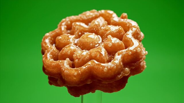 Crispy golden brown Sri Lankan Kokis sweet pastry with sugar glaze glistening in studio lighting against a vibrant green background isolated for commercial use