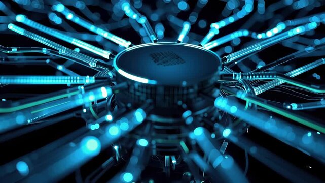 Central processing unit glowing fiber optic circuit motherboard connector with blue dynamic light