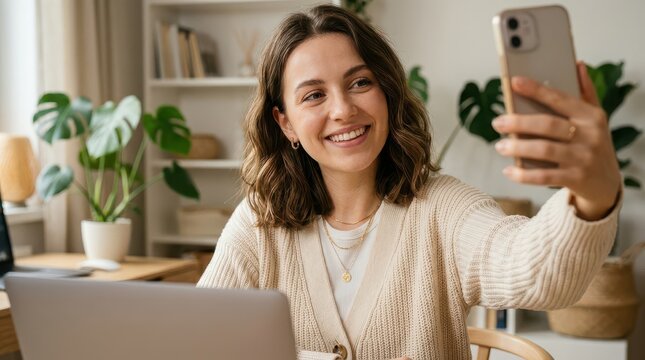 Close up of woman taking selfie with smartphone beside laptop