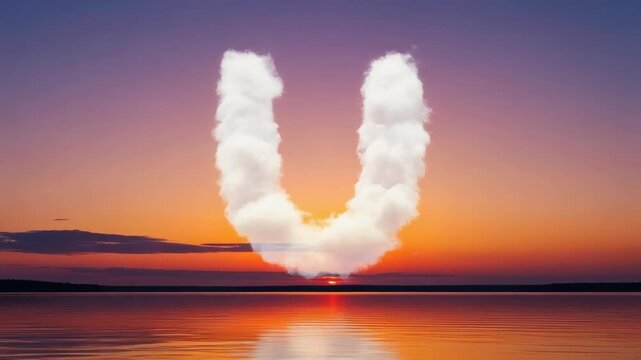A serene sunset over a calm body of water with a unique cloud formation