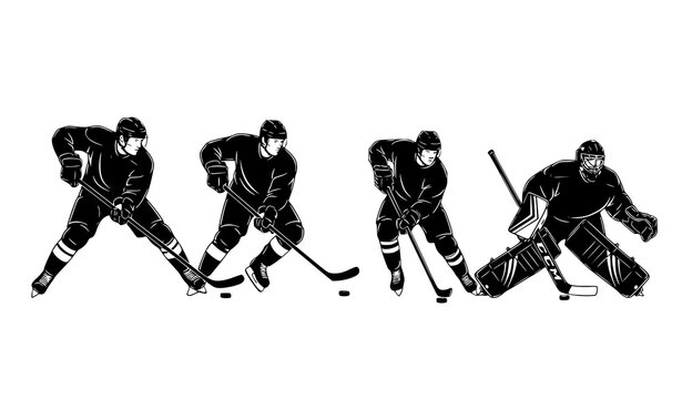Ice hockey players silhouette set goalie and skaters action sports vector illustration