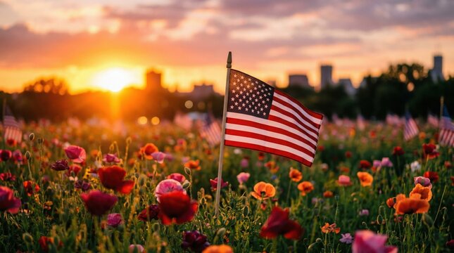 American flag waving in a vibrant flower field at sunset