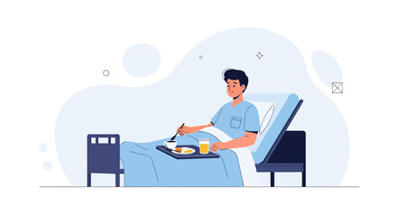 Fototapeta premium Patient eating breakfast in hospital bed, healthcare concept illustration