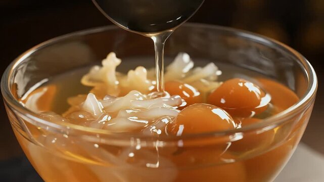 Golden Durian Spring Rolls Breaking in Sweet Syrup Slow Motion Close Up Food Preparation Dessert Delicious Cuisine