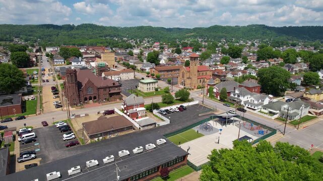 WEST VIRGINIA - 6.24.2024 - Excellent aerial footage approaching the St. Francis Xavier Church in Moundsville, West Virginia.