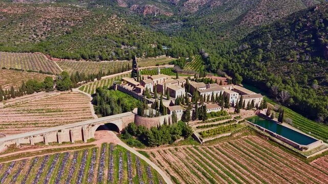 A large vineyard spreads out in rows, leading to an old building. Hills rise in the background with dense trees. A body of water and bridge are visible in the scene.