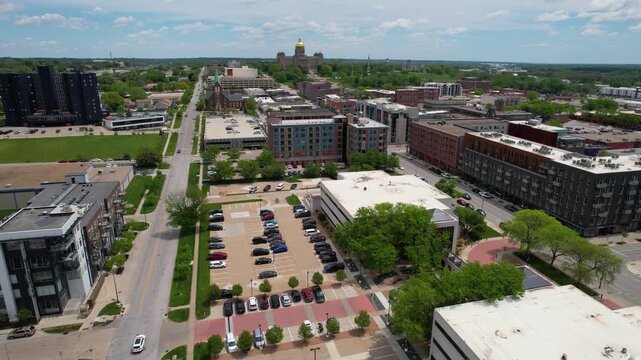 DES MOINES - 6.24.2024 - Excellent aerial view approaching the Capitol Building in Des Moines, Iowa.
