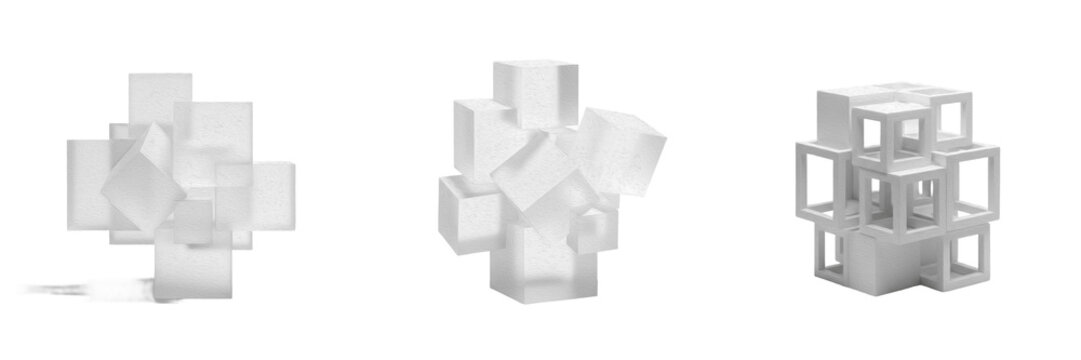 Set of modern abstract geometric cube sculptures with frosted glass and white frames on white background
