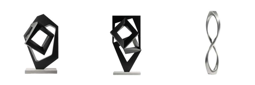 Modern abstract geometric sculptures with black square frames and chrome infinity loop on white background