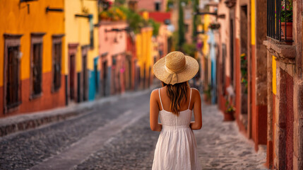 Fototapeta premium Woman in Straw Hat Walking on Colorful San Miguel de Allende Cobblestone Street, Mexico