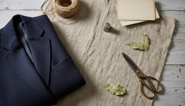 Dark Blue Sequined Blazer Laid Out With Crafting Supplies Including Scissors Twine and Bay Leaves On White Wooden Table