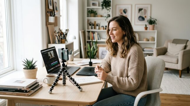 Woman working at desk with smartphone on tripod laptop and drawing tablet