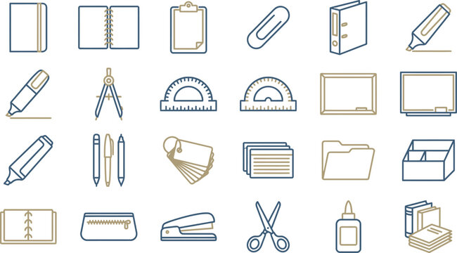 A comprehensive collection of modern outline stationery and office supply icons, perfect for business, education, and design projects.