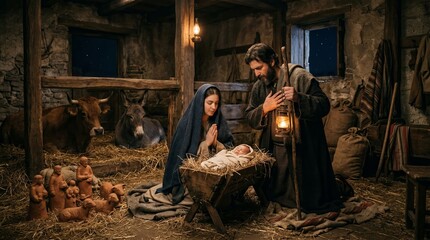 Obraz premium Detailed nativity scene in a humble Bethlehem stable showing Mary and Joseph adoring the newborn Jesus in a manger, surrounded by animals, shepherds, Magi, and a guiding star.