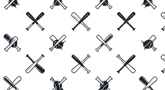 A seamless pattern of baseball bats and helmets in black and white