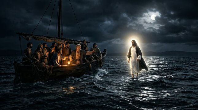 Dramatic nocturnal depiction of Jesus walking on stormy sea toward a boat of astonished disciples under moonlight, illustrating the New Testament miracle of faith and presence