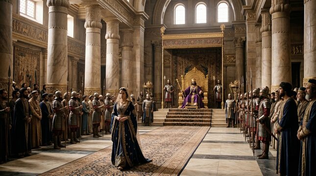 Queen Esther approaches King Ahasuerus on the throne in the Persian palace at Susa - a tense Old Testament scene of petition, bravery and intercession for her people's deliverance.