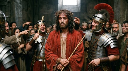 Naklejka na ściany i meble Powerful cinematic portrayal of Jesus Christ wearing a crown of thorns, mocked by Roman soldiers during his trial in Jerusalem, showing suffering and sacrifice