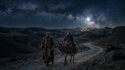 Naklejka premium Joseph leading Mary on a donkey through a moonless desert night toward Bethlehem beneath the radiant Star of Bethlehem, a nativity pilgrimage amid hills and distant village lights