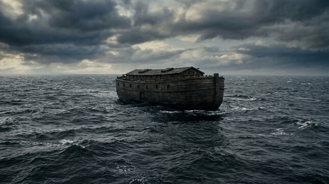 Noah's Ark afloat on storm-tossed seas beneath brooding clouds, a depiction of the Genesis Flood narrative from the Old Testament emphasizing survival, covenant, and deliverance