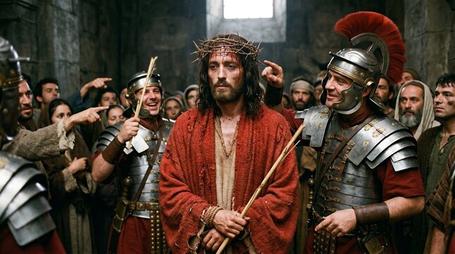 Powerful cinematic portrayal of Jesus Christ wearing a crown of thorns, mocked by Roman soldiers during his trial in Jerusalem, showing suffering and sacrifice