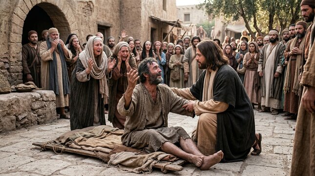 Jesus compassionately healing a paralyzed man on a crowded village street, with disciples and people gathered in awe as a miraculous act of faith and restoration unfolds
