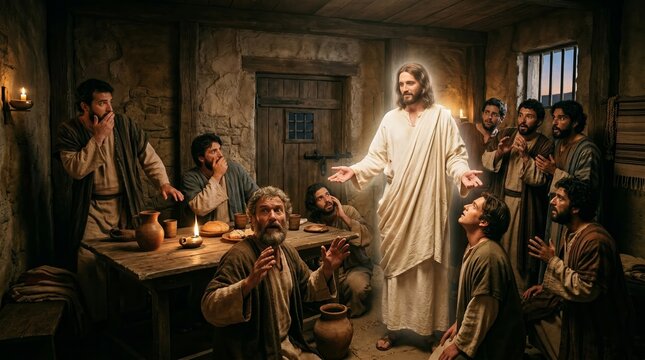 Jesus appears to his disciples in the Upper Room: radiant Christ in white robe bringing peace to astonished apostles, a Gospel scene of revelation, restoration, and fellowship