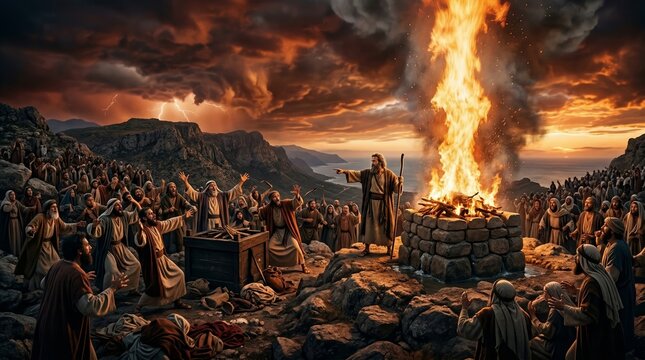 Biblical scene of prophets and worshipers on a mountain around an altar with blazing fire and sacrifice, showing Old and New Testament characters, faith, miracle, confrontation.