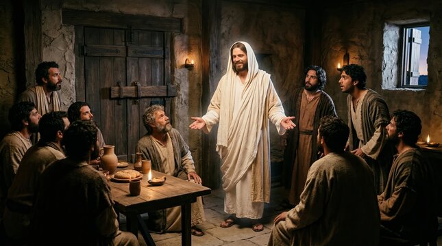 Jesus teaching his disciples in an intimate upper room scene, a New Testament moment that evokes Gospel narratives and connects to Bible stories and characters from both Testaments