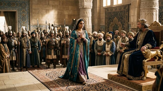 Epic biblical scene of a courageous queen facing a seated king in an ornate ancient palace hall, surrounded by soldiers, advisors, priests, and attentive courtiers