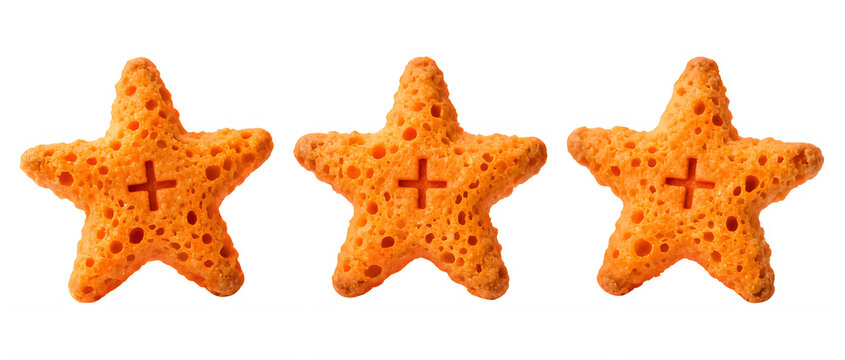 Orange star shaped snacks with plus sign, crunchy corn puff cereal stars, three textured star crackers for children's healthy breakfast isolated on White Background