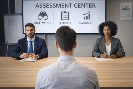 Man in job interview in front of an evaluation panel at the Corporate Assessment Center, human resources concept, personnel selection, talent, career and recruitment.