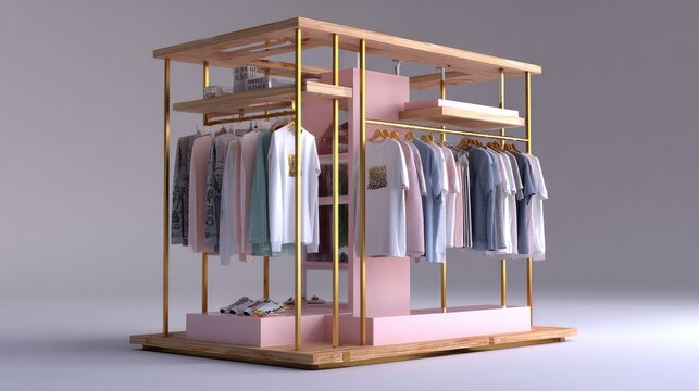 Modern retail display fixture showcases light colored apparel items and accessories