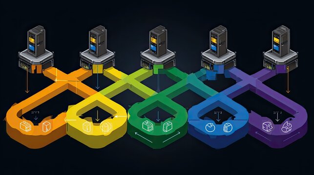 Five parallel computing processes distribute and transform data across interconnected pathways