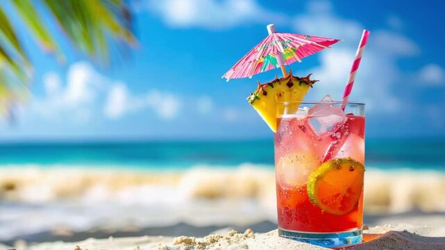 Vibrant summer cocktail on a pristine sandy beach by the turquoise sea