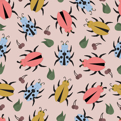 Obraz premium Seamless beetle pattern with leaves and berries