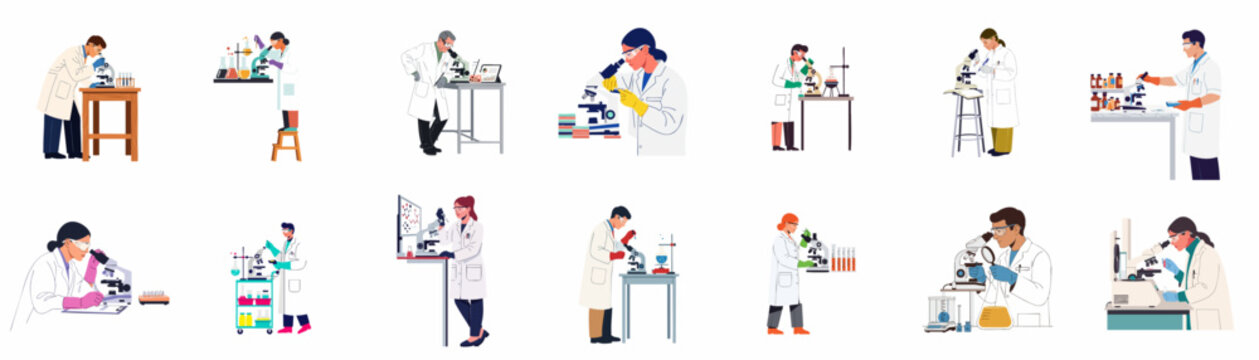 Collection of diverse scientists in white coats working with microscopes and lab equipment in various laboratory research scenarios, isolated on white background.
