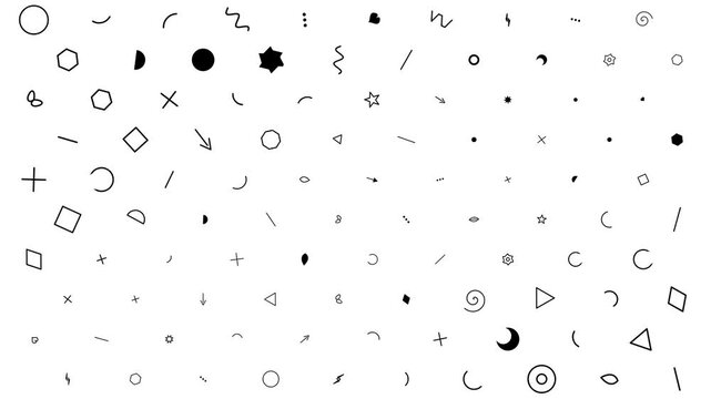 Doodle Shapes Pattern, Black Icons Pulsing on White Background, Pulse Animation Motion Graphics Seamless Loop, 4K