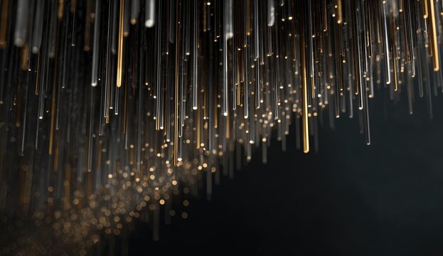 Abstract, dynamic visual with vertical strands, gold and silver, descending on a dark background