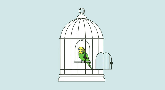 Green Parrot Inside Bird Cage.