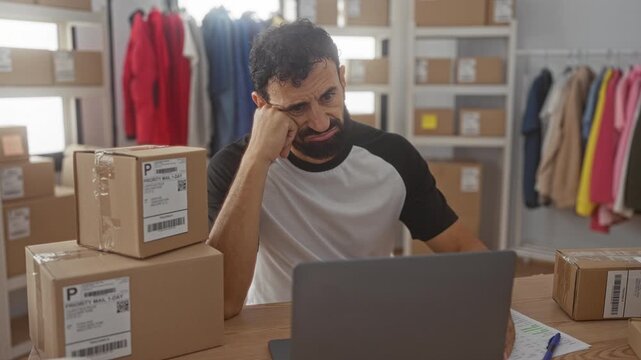 Man with beard rests chin on fist while checking laptop and cardboard packages in studio; frustration.