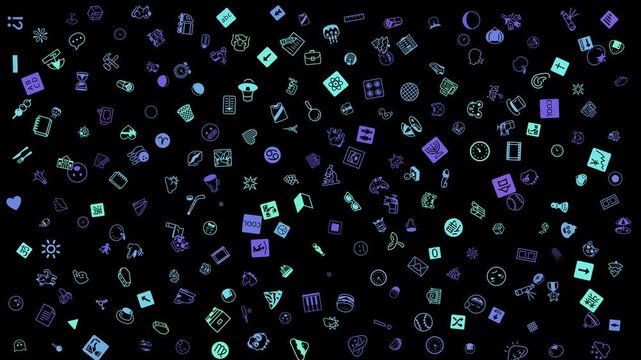 Colorful Blue Green Icons Pattern, Doodle Symbols Drifting on Black Background, Drift Animation Motion Graphics Seamless Loop, 4K