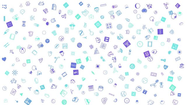 Colorful Blue Green Icons Pattern, Doodle Symbols Drifting on White Background, Drift Animation Motion Graphics Seamless Loop, 4K