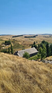 Les magnifiques paysages agropastoraux du plateau de l'Aubrac vus depuis le sommet du neck de Marchastel l'&eacute;t&eacute; (Loz&egrave;re)
