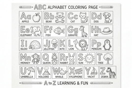 Kids alphabet learning sheet, letters A to Z, each with a distinct cute illustration. Rendered in a pencil sketch style, black and white, suitable for a coloring page. Features a clean layout on a whi