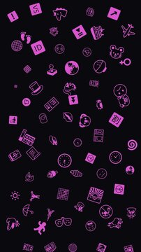 Pink Magenta Icons Pattern, Doodle Symbols Drifting on Black Background, Drift Animation Motion Graphics Seamless Loop, 9:16 Vertical Video