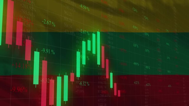 Economic Indicators: A depiction of a downward trending graph overlayed on the flag, symbolic of market volatility. The colors suggest a backdrop of financial uncertainty or economic shifts.