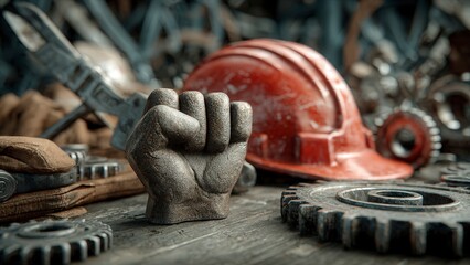 Fototapeta premium Fist of Solidarity on Workshop Table with Tools and Hard Hat